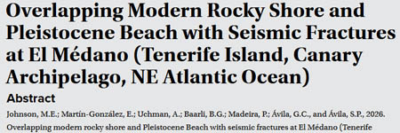 Overlapping modern rocky shore and Pleistocene beach with seismic fractures at El Médano (Tenerife Island, Canary Archipelago, NE Atlantic Ocean)