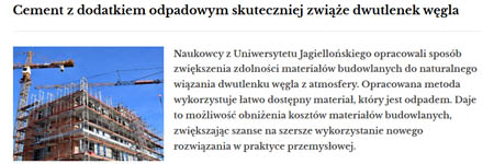 Cement z dodatkiem odpadowym skuteczniej zwiąże dwutlenek węgla - Badania dr hab. Moniki Kasiny, prof. UJ i Adama Wierzbickiego